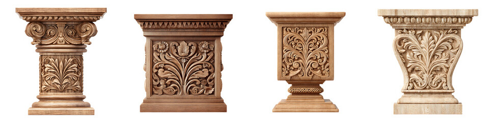 Ornamental carved wooden pedestals with classic architectural details
