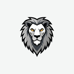 Stylized vector lion head in bold black, white, and gray tones. Features piercing yellow eyes, clean lines, and symmetrical design. A modern, powerful graphic symbol of strength.