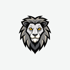 Stylized vector lion head in bold black, white, and gray tones. Features piercing yellow eyes, clean lines, and symmetrical design. A modern, powerful graphic symbol of strength.