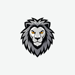 Stylized vector lion head in bold black, white, and gray tones. Features piercing yellow eyes, clean lines, and symmetrical design. A modern, powerful graphic symbol of strength.