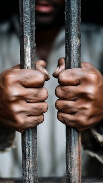 Close Up Of Dark Brown Hands Gripping Dark Metal Prison Bars