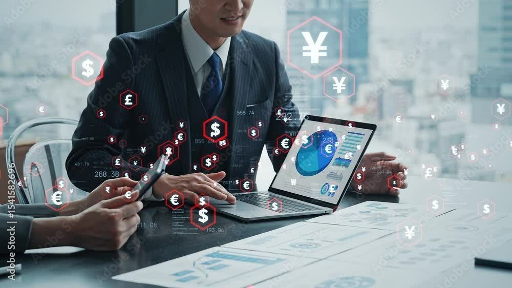 Aufkleber ミーティングするビジネスパーソンの金融テクノロジーのコンセプト