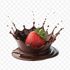 realistic 3d chocolate cream splash into strawberry in crown style isolated on transparent background