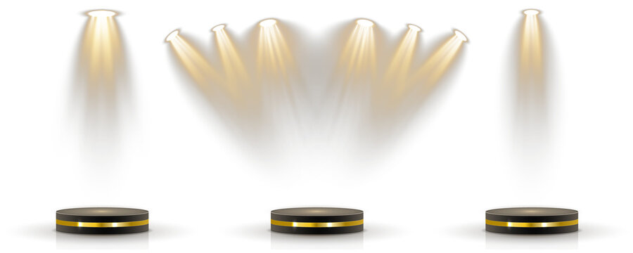 Podium stands under soft white studio beam. Collection of spotlights projects across stage scene. 3D circular platforms arranged in tiered formation. Glossy floor reflects light in abstract space.
