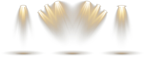 Podium stands under soft white studio beam. Collection of spotlights projects across stage scene. 3D circular platforms arranged in tiered formation. Glossy floor reflects light in abstract space.
