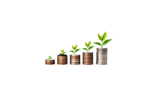 Green tree growing from pile of coins isolated on white background