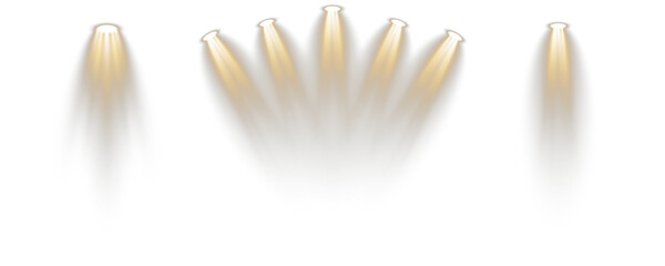 Bright projector casts light through concert mist. Empty podium waits beneath soft blue glow. Reflected stage lights enhance visual depth. Dark wall backdrop contrasts spotlight brilliance.