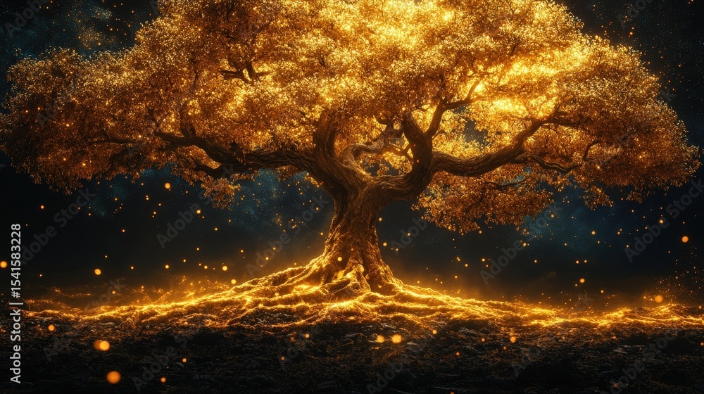 Poster golden tree with firefly lights - ethereal and magical