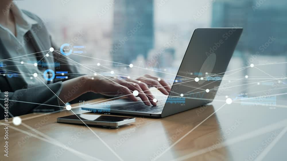 Poster Communication network concept with engineers using laptops