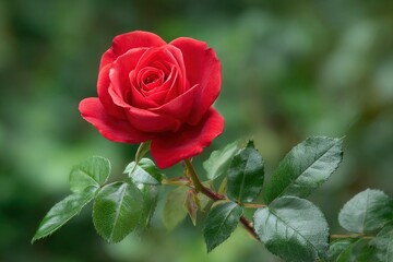 A vibrant red rose its petals delicately layered sits among lush green leaves creating a striking contrast against a soft blurred background