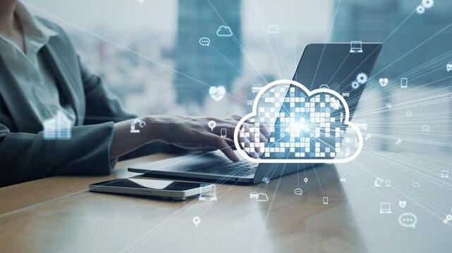 ノートパソコンを使うエンジニアとクラウドコンピューティングのコンセプト