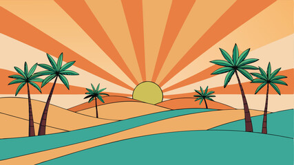 Obraz premium Palm trees in the field at sunset. Vector illustration in flat style