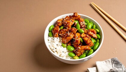 Fototapeta premium Delicious Teriyaki Chicken & Edamame Rice Bowl