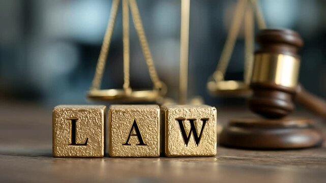 Golden Cubes Spelling LAW with Gavel and Scales of Justice