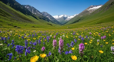 Obraz premium A vibrant wildflower meadow nestled between green mountains under a clear blue sky in the sunshine