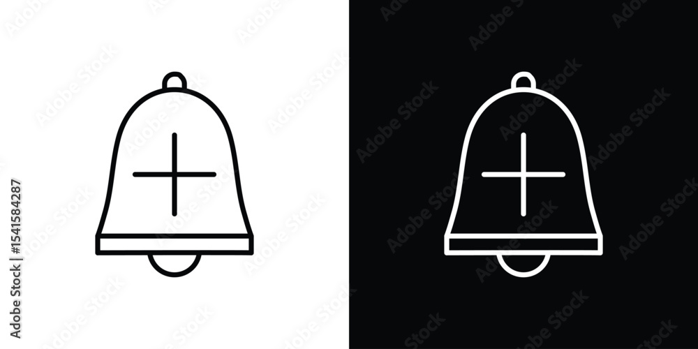 Poster cowbell circle plus icon design. simple stroke line vector icon set