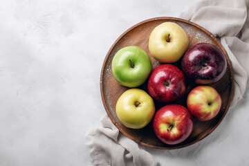 plate with apples of different colors covered with powdered sugar on a textured napkin background
