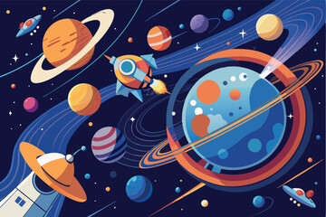 Obraz premium Colorful space illustration featuring planets, stars, and a rocket exploring the cosmos