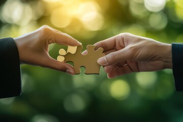 Business connection metaphor through interlocked puzzle and joined hands