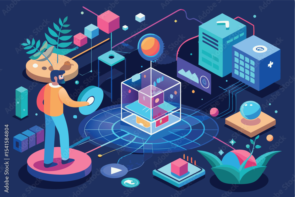 Poster creative professional interacting with digital elements in a vibrant abstract workspace
