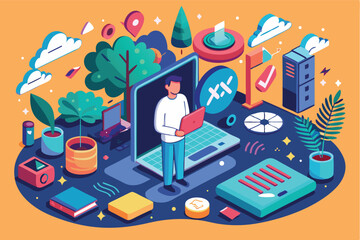 Creative workspace design featuring vibrant digital elements and a focused individual with a laptop in a stylized environment