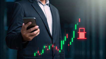 Businessman suit smartphone stock chart candlestick security finance technology growth digital. Economic impact and effect of oil, energy security, financial market connection