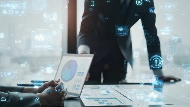 Group of business people meeting and digital technology concept