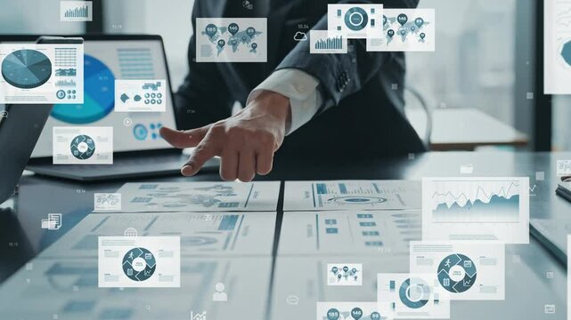 ミーティングするビジネスパーソンのグループとデジタルデータのコンセプト