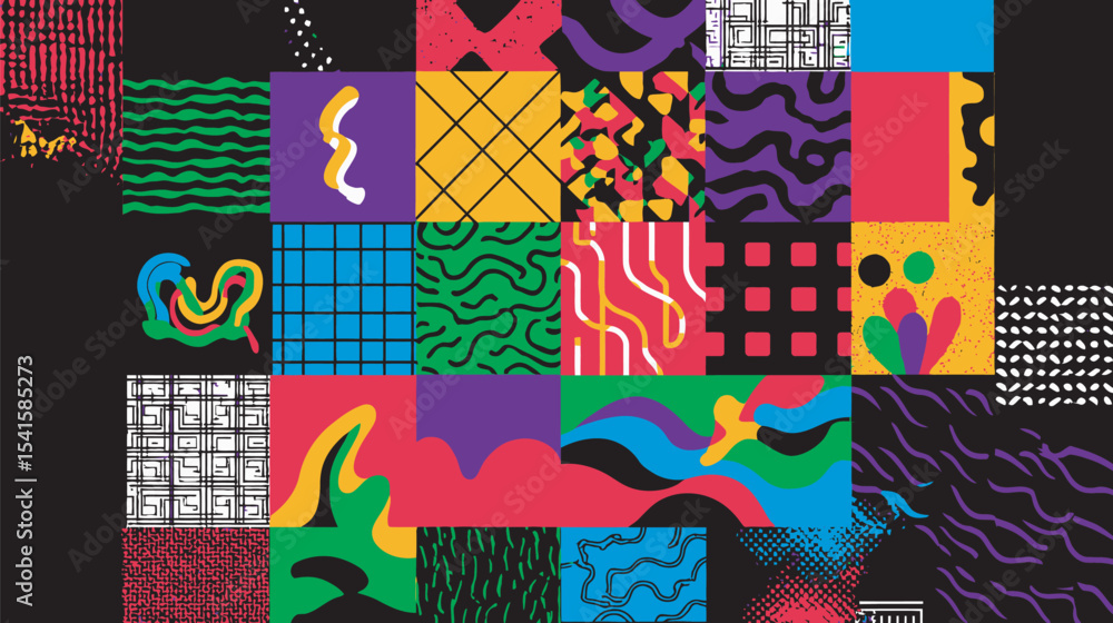 Poster colorful geometric patterns form mosaic abstract backgrounds graphic textures various shapes