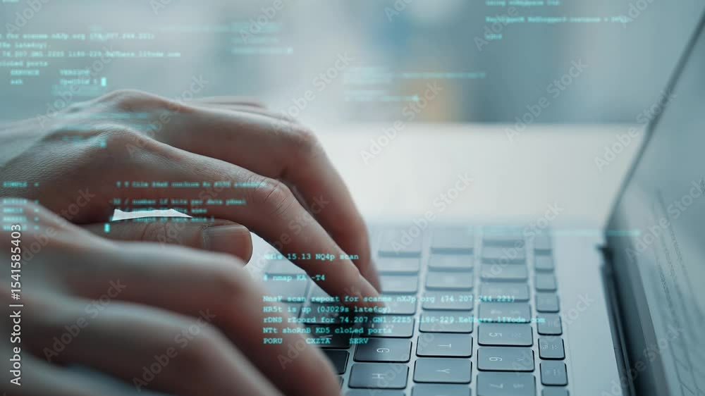 Poster the concept of digital technology and the hands of an engineer typing