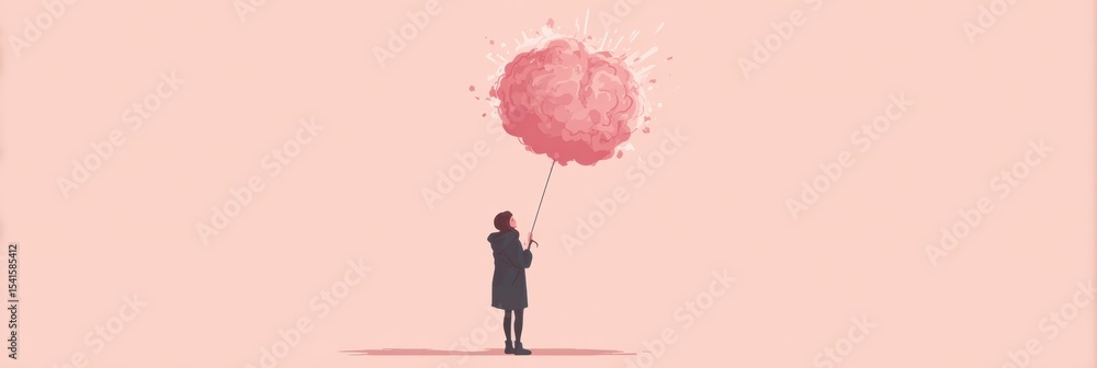 Poster silhouette of person holding a large exploding brain-shaped balloon against a soft pastel background