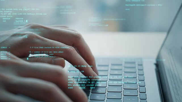 The concept of digital technology and the hands of an engineer typing