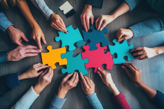 Bright collaborative teamwork image with people solving jigsaw puzzle together
