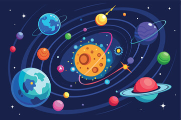 Naklejka premium Colorful depiction of the solar system with planets, stars, and cosmic elements