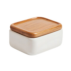 Square ceramic box with a wooden lid.