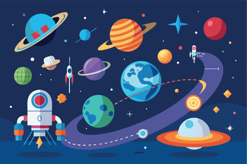 Colorful space exploration scene with planets and rockets