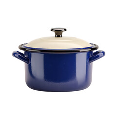 A cobalt blue enamelled cooking pot with a cream-colored lid.