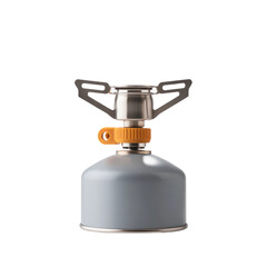Portable camping gas stove featuring a compact grey canister and silver burner with an orange control knob, ideal for outdoor cooking, backpacking, and hiking adventures.