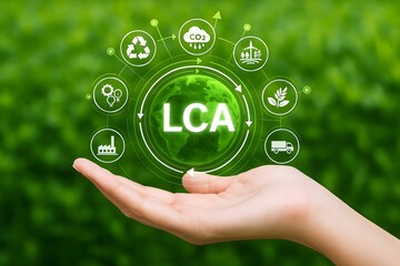 LCA Life cycle assessment concept. A hand holds glowing globe icons representing sustainability, recycling, environmental impact, symbolizing life cycle assessment (LCA) for eco friendly initiatives