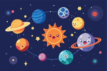 Colorful cartoon solar system with smiling planets and sun