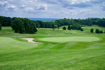 Obraz premium Smooth grassy area of a golf course, trees in the background