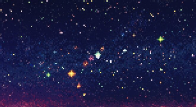 A pixelated starfield reveals the faint glow of distant galaxies against a deep space backdrop