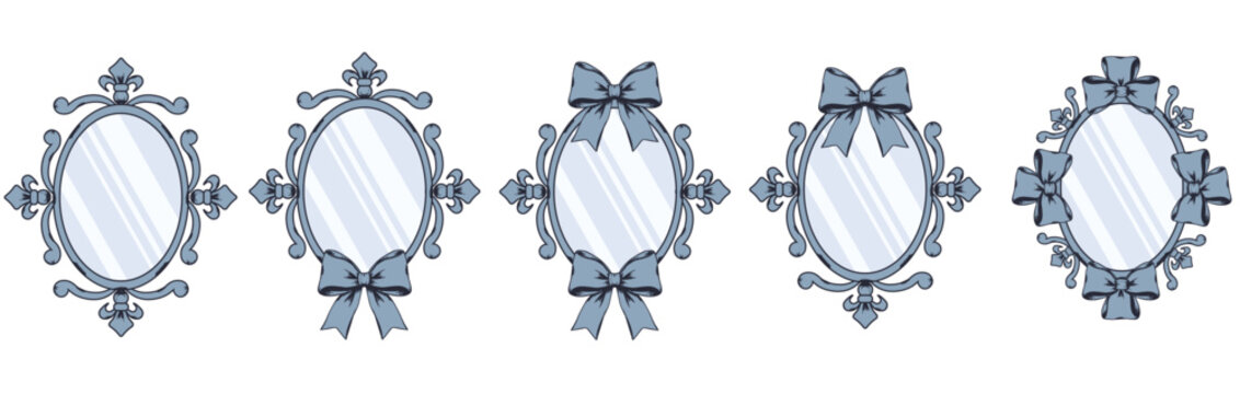 Retro oval Frames vector set isolated transparent. Oval antique mirrow with bow in Victorian style. Grunge texture Frames collection EPS 10