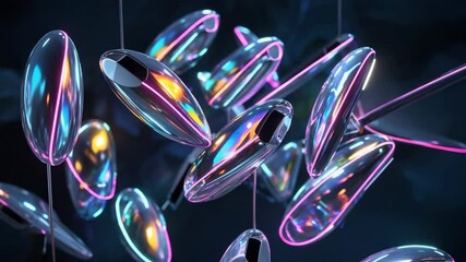 Rotating metallic pods on rods swaying in studio, camera panning right revealing neon reflections - Powered by Adobe