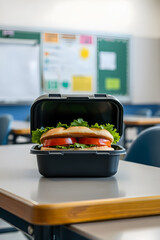 black lunchbox with sandwich on desk in school classroom
