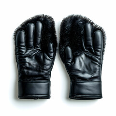 A pair of black leather gloves with soft fur lining, isolated on a white background