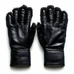 A pair of black leather gloves with soft fur lining, isolated on a white background