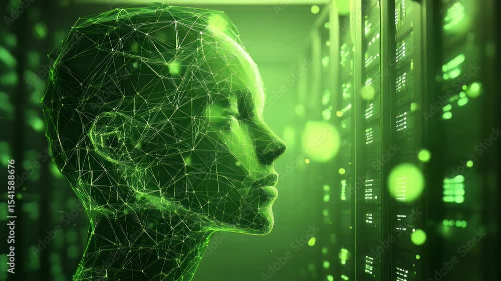 Poster green digital head with server racks in the background shows connectivity and advanced technology