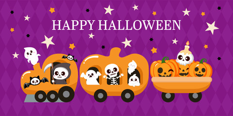 Cute happy Halloween banner pumpkin train with ghost, skeleton and bat