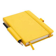 A vibrant yellow hardcover notebook featuring an integrated pencil holder, a black pencil, and an elastic band closure. Ideal for journaling, note taking, and organizing thoughts.